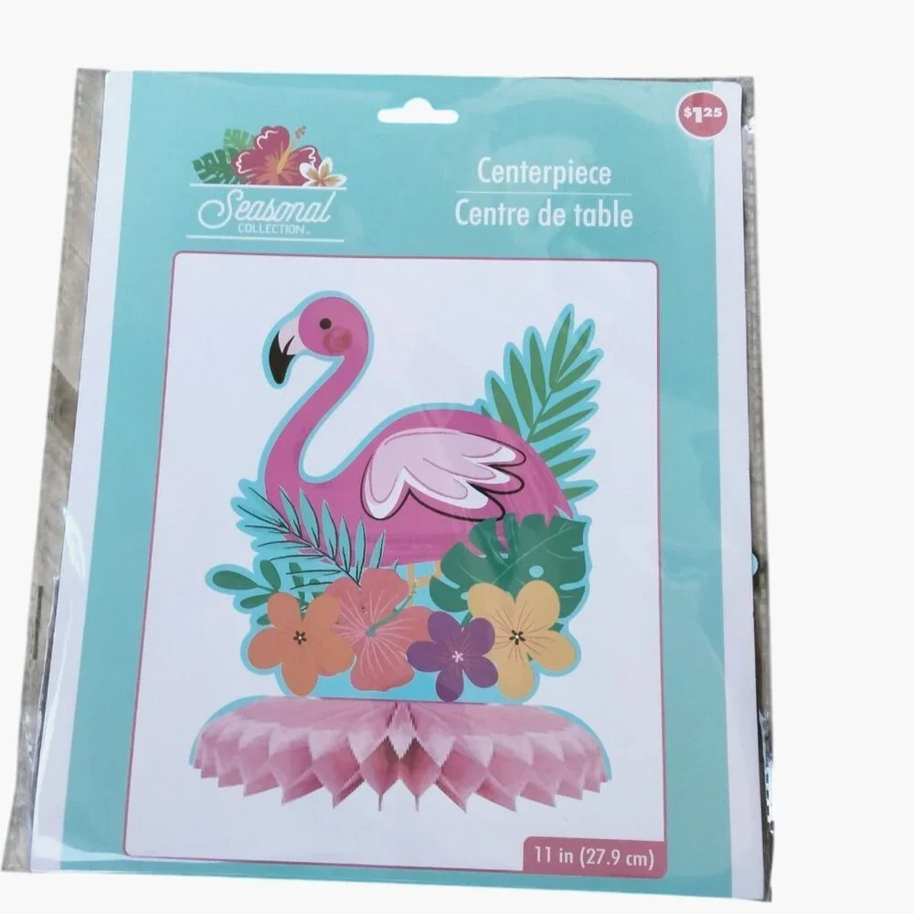 Pink Flamingo Centerpiece Tropical Flowers Palm Leaves 11 In Summer Pool Party
